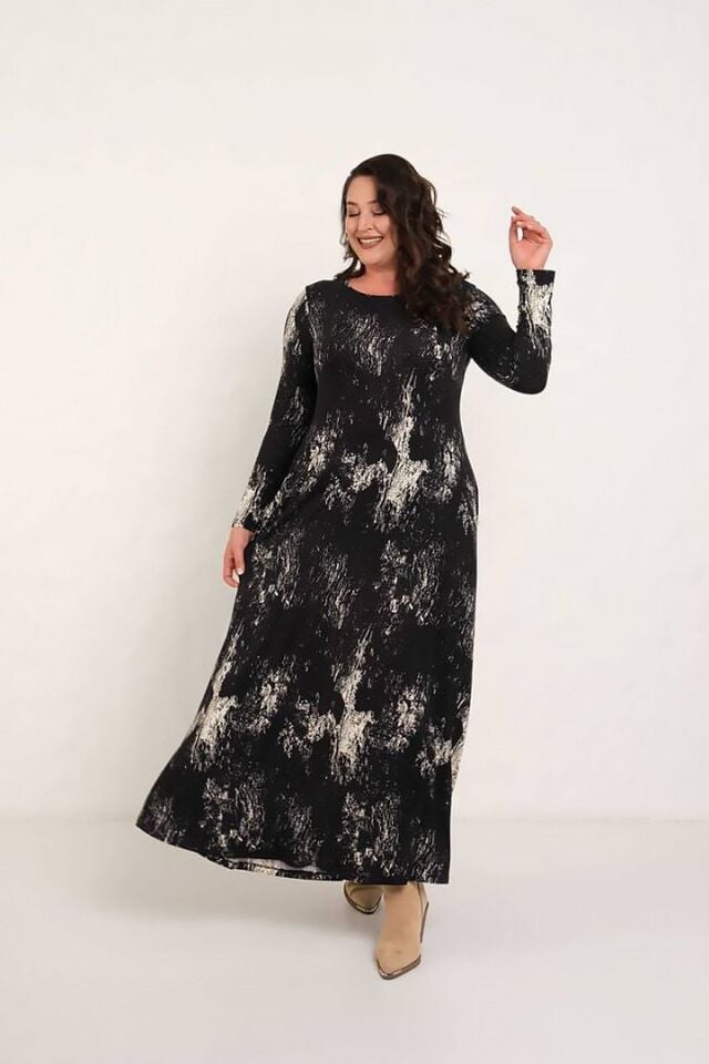 Zamansız Siyah Beyaz Desenli Maxi Elbise - Likralı Kadın Uzun Kollu