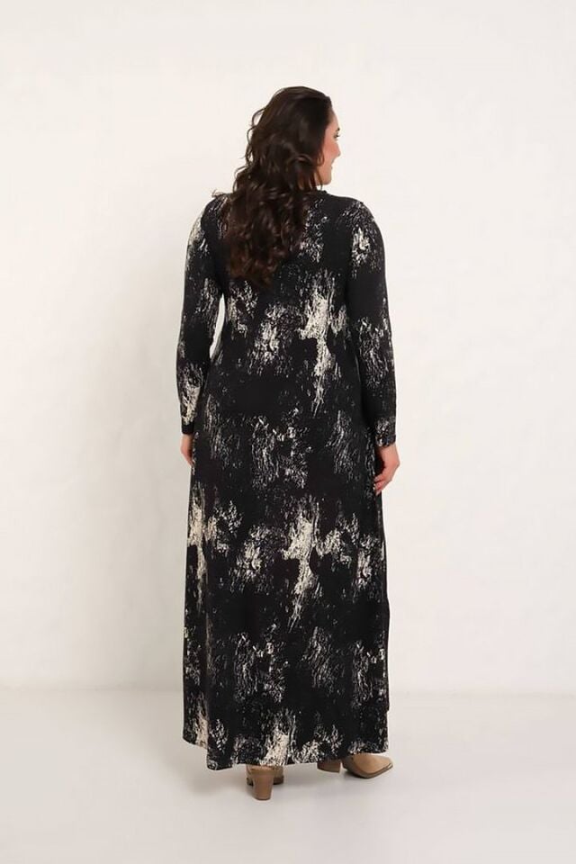 Zamansız Siyah Beyaz Desenli Maxi Elbise - Likralı Kadın Uzun Kollu