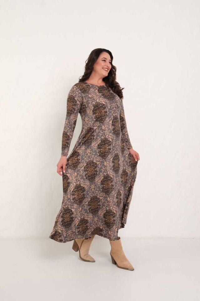 Sıcak Kahverengi Desen Baskılı Uzun Kollu Rahat Pamuk Maxi Elbise
