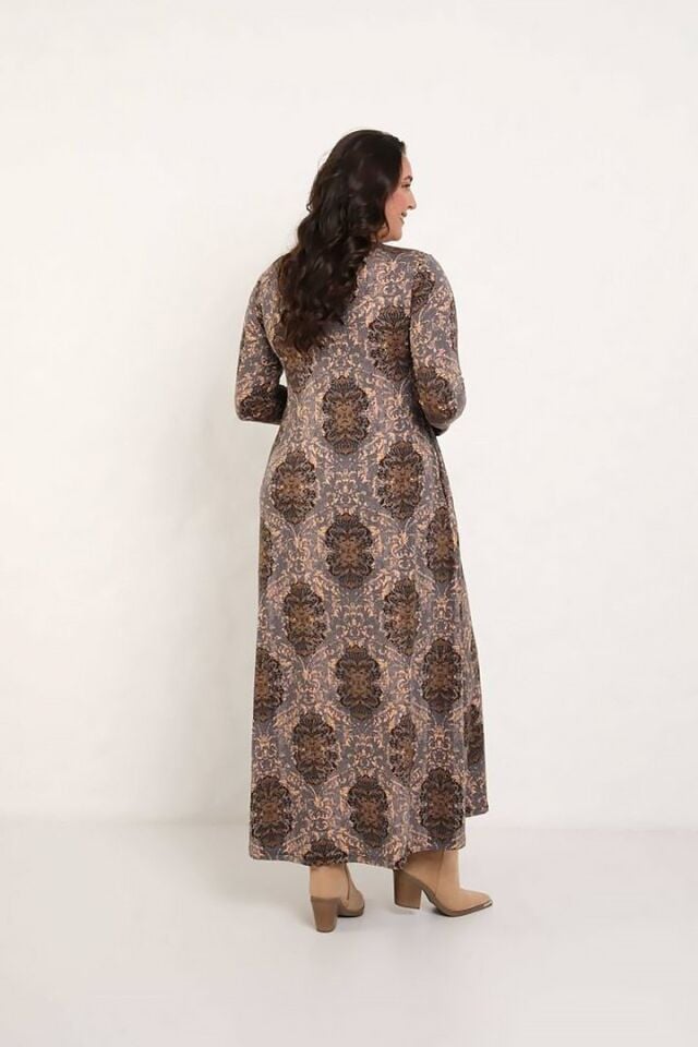Sıcak Kahverengi Desen Baskılı Uzun Kollu Rahat Pamuk Maxi Elbise