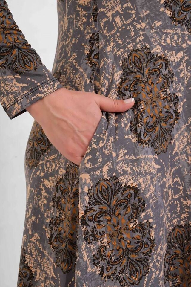 Sıcak Kahverengi Desen Baskılı Uzun Kollu Rahat Pamuk Maxi Elbise