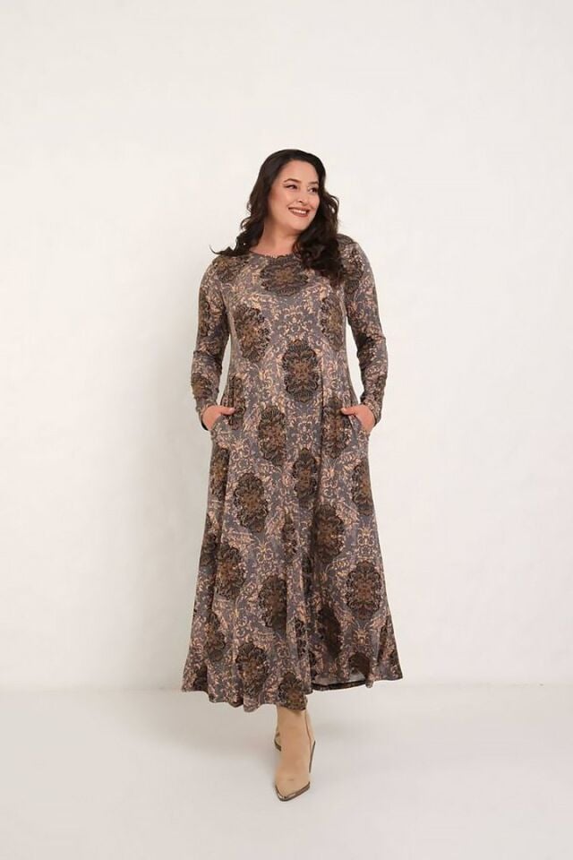 Sıcak Kahverengi Desen Baskılı Uzun Kollu Rahat Pamuk Maxi Elbise