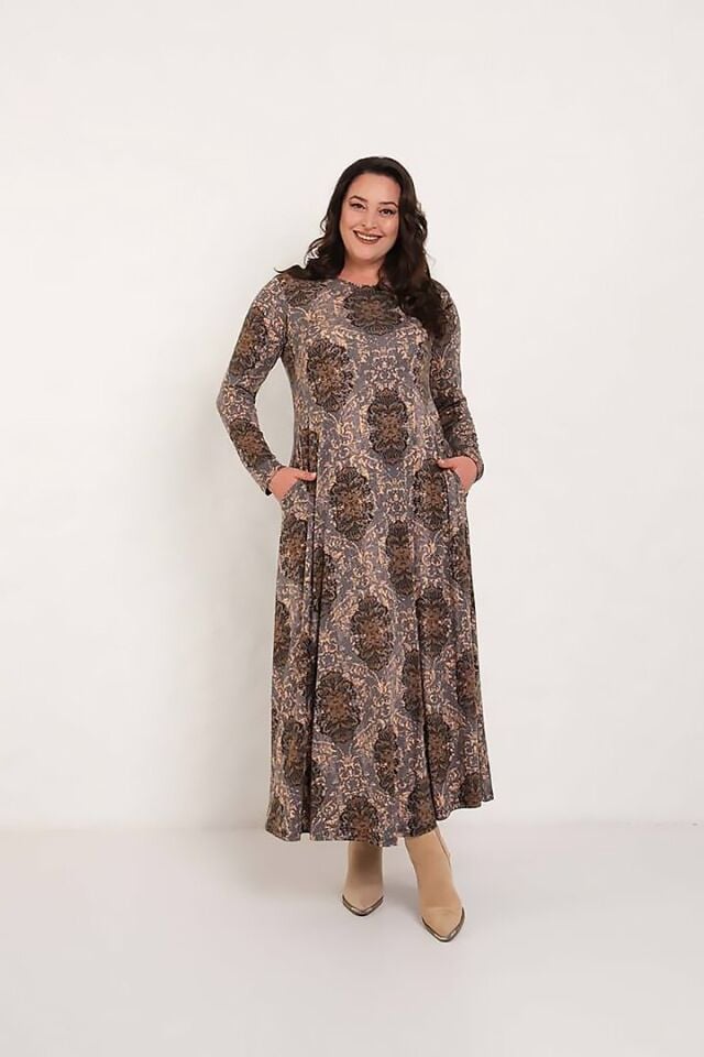 Sıcak Kahverengi Desen Baskılı Uzun Kollu Rahat Pamuk Maxi Elbise