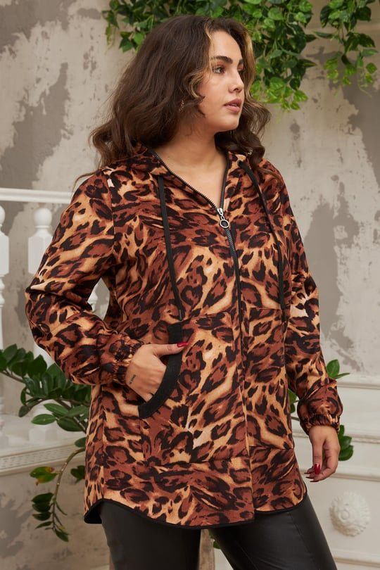 Büyük Beden Leopar Desenli Kaşe Kapşonlu Mont Leopar - 44