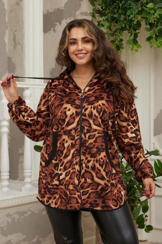 Büyük Beden Leopar Desenli Kaşe Kapşonlu Mont Leopar - 44