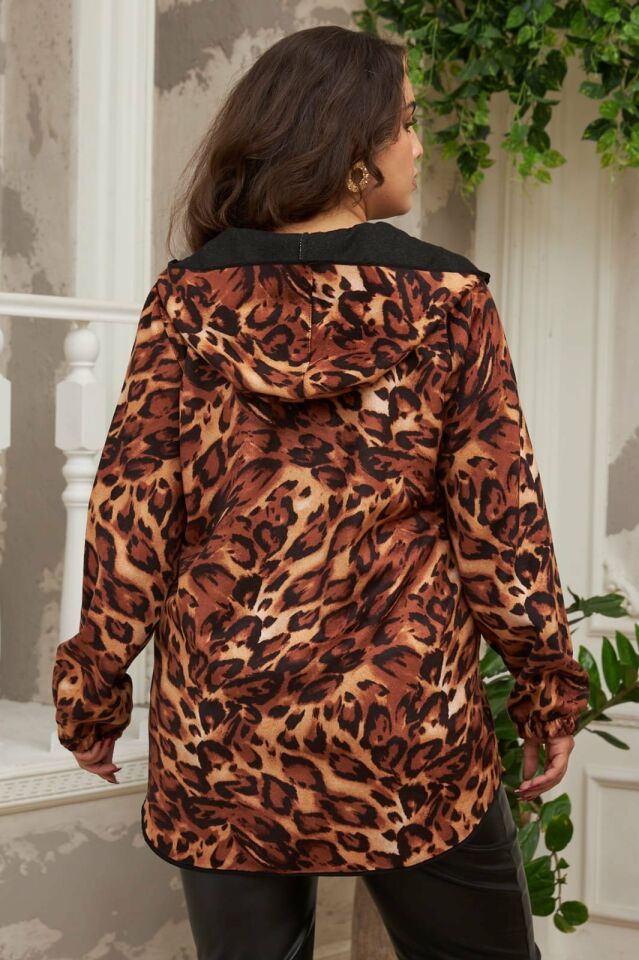 Büyük Beden Leopar Desenli Kaşe Kapşonlu Mont Leopar - 44