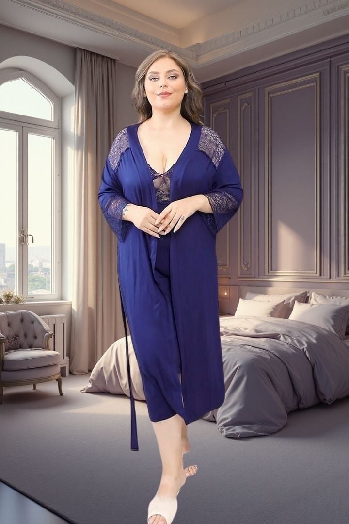 Lacivert Dantelli İkili Gecelik Takımı - Viskon Likralı Konforlu Sabahlık Seti