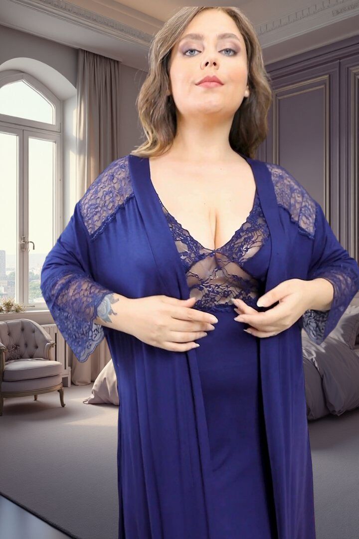 Lacivert Dantelli İkili Gecelik Takımı - Viskon Likralı Konforlu Sabahlık Seti