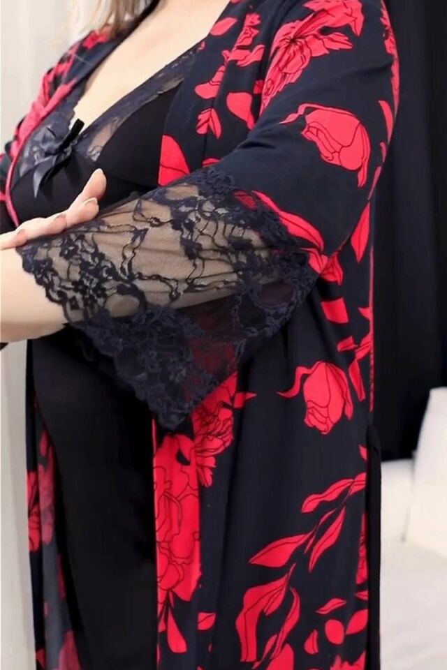 Büyük Beden Ayarlanabilir Askılı Premium Siyah Gecelik Kırmızı Çiçek Desenli Sabahlıklı Likralı Viskon Takım