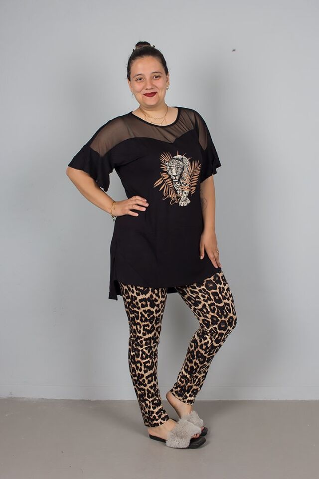 Leopar Şıklığıyla Rahatlık Buluştu! Büyük Beden Tüllü Viskon Pijama Takım