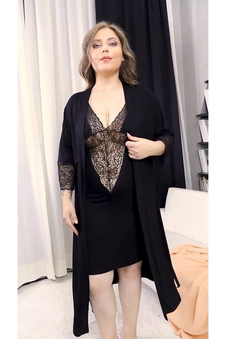 Kadın Siyah Sabahlıklı İkili Gecelik Seti  Viskon Penye Likralı Dantelli Ev Giyimi