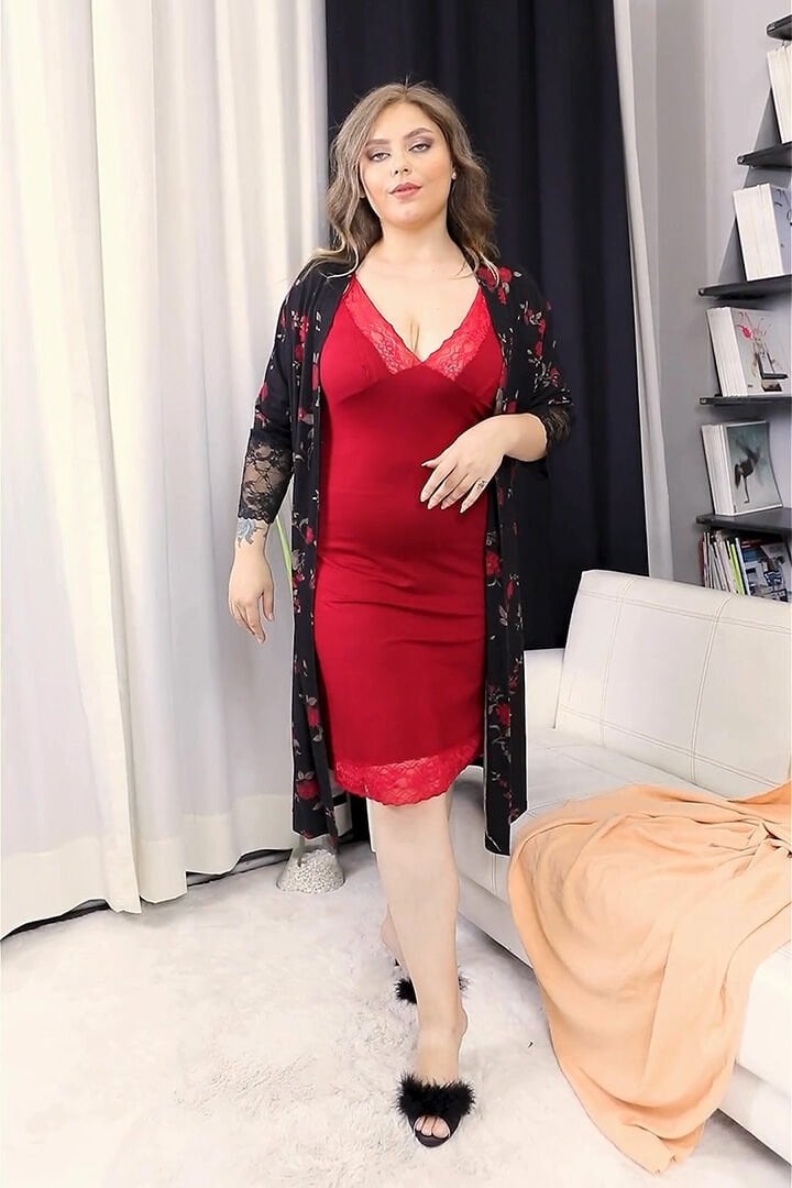 Gecelik Siyah Çiçekli Sabahlıklı Dantelli Likralı Viskon Penye Takım