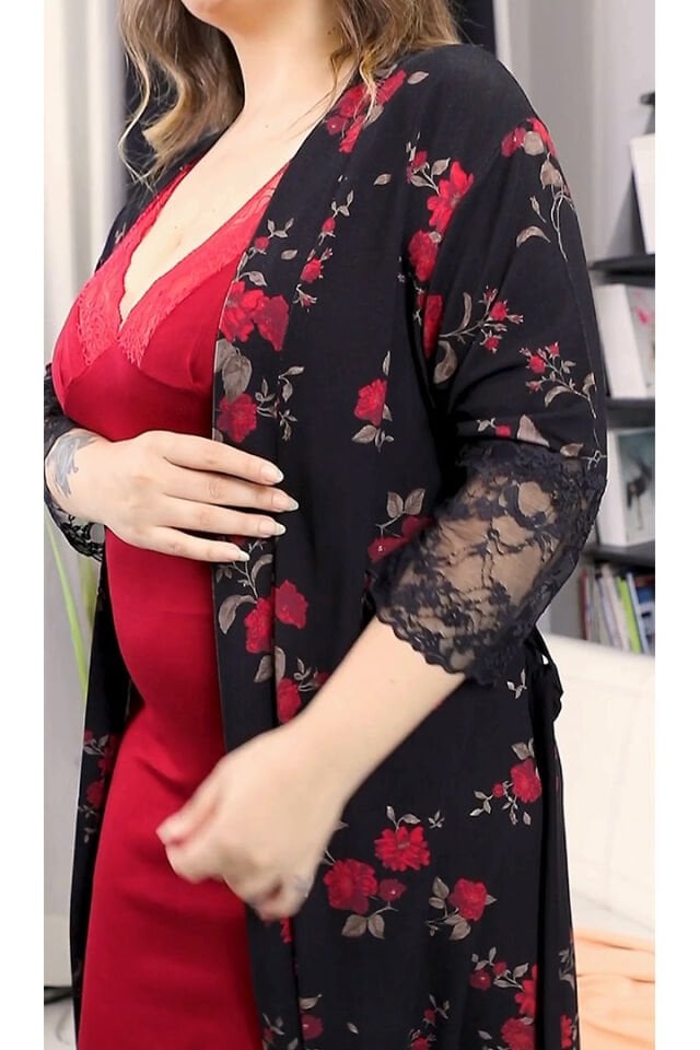 Gecelik Siyah Çiçekli Sabahlıklı Dantelli Likralı Viskon Penye Takım