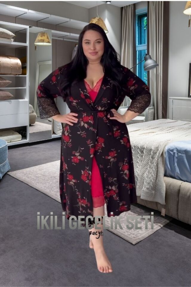 Gecelik Siyah Çiçekli Sabahlıklı Dantelli Likralı Viskon Penye Takım