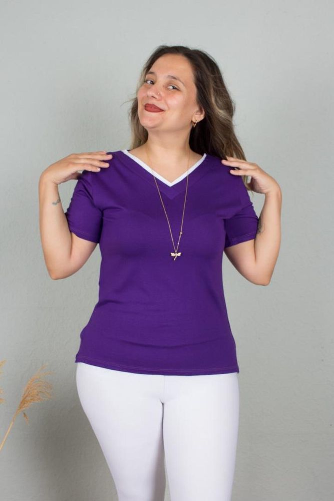 Büyük Beden Yakası Beyaz Biyeli Bluz Renkli B115