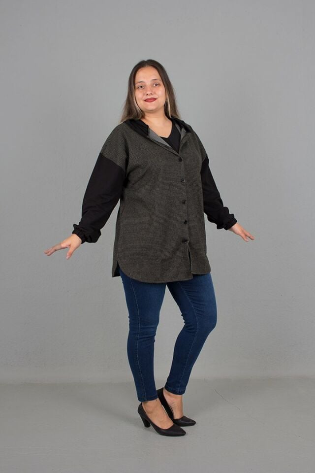 Büyük Beden jakarlı Kumaş Kapşonlu Oversize Gömlek Desenli Yeşil