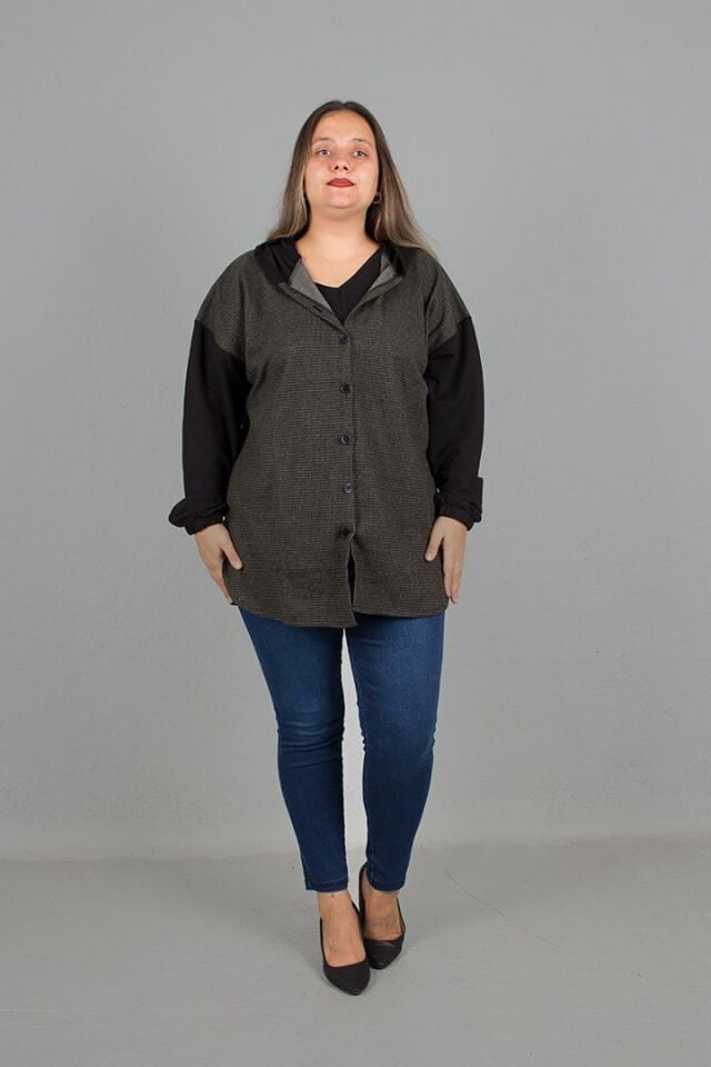 Büyük Beden jakarlı Kumaş Kapşonlu Oversize Gömlek Desenli Yeşil