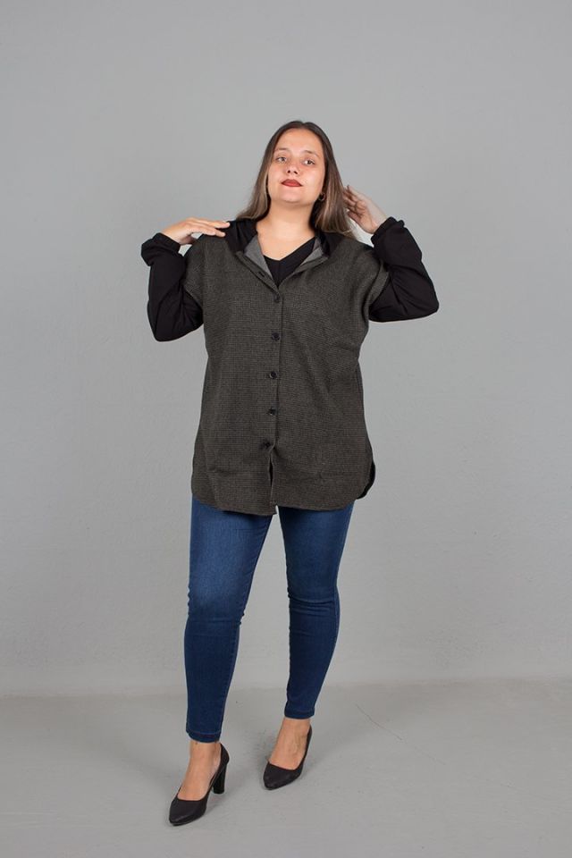 Büyük Beden jakarlı Kumaş Kapşonlu Oversize Gömlek Desenli Yeşil yeşil - 50