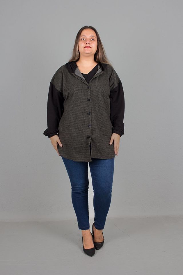 Büyük Beden jakarlı Kumaş Kapşonlu Oversize Gömlek Desenli Yeşil yeşil - 50