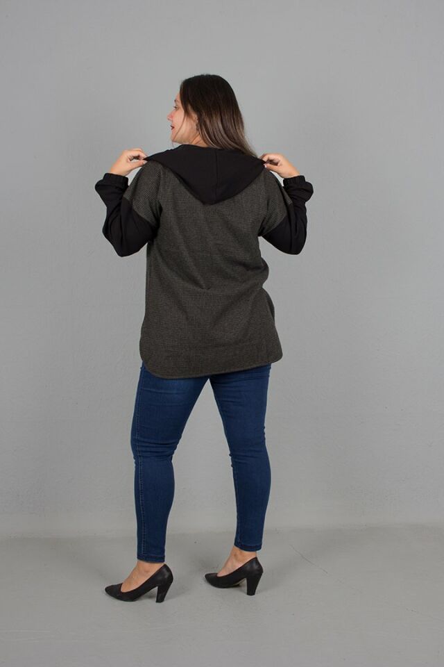 Büyük Beden jakarlı Kumaş Kapşonlu Oversize Gömlek Desenli Yeşil yeşil - 50