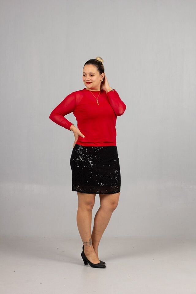 Kırmızı Büyük Beden Tül Bluz ve Askılı Atlet İkili Takım - Çekici ve Şık