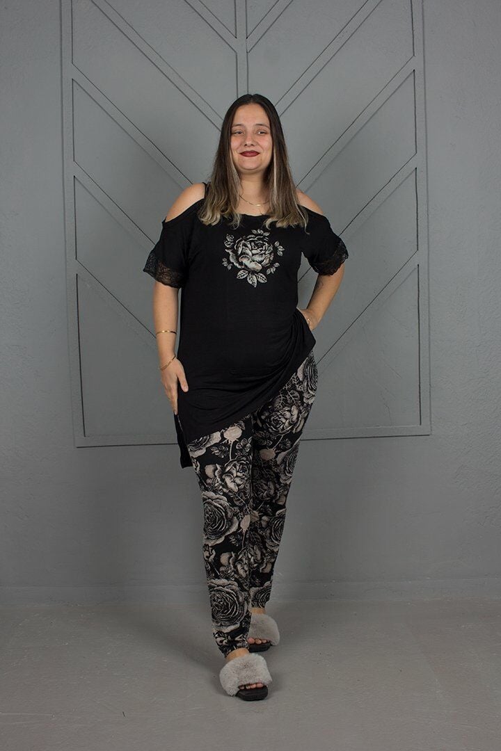Büyük Beden Omuz Detaylı Pijama takım siyah - 48-50