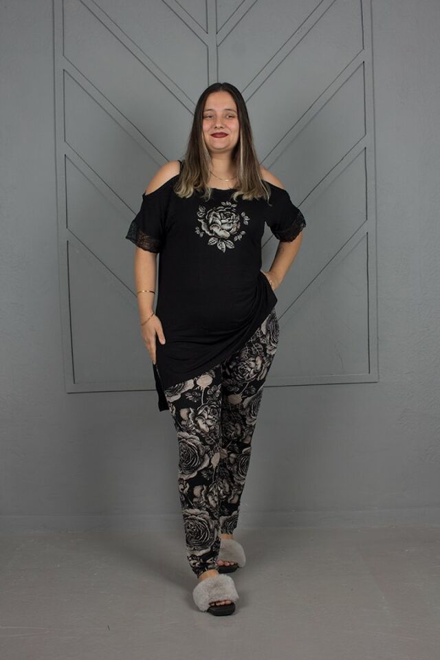 Büyük Beden Omuz Detaylı Pijama takım siyah - 48-50