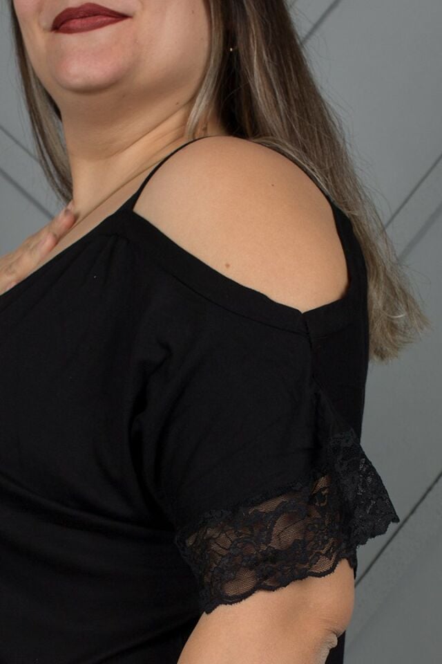 Büyük Beden Omuz Detaylı Pijama takım siyah - 48-50