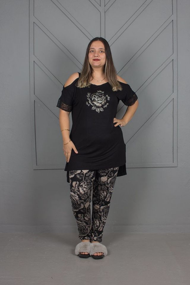 Büyük Beden Omuz Detaylı Pijama takım siyah - 48-50