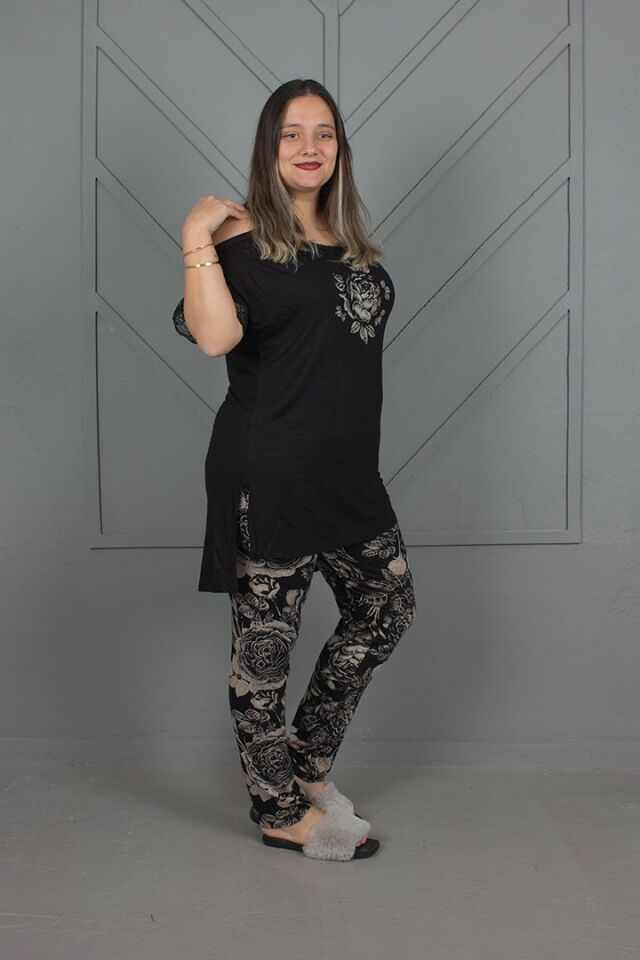 Büyük Beden Omuz Detaylı Pijama takım siyah - 48-50