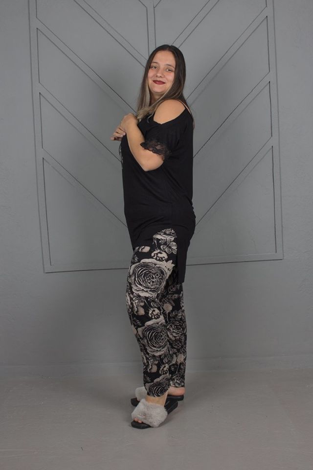Büyük Beden Omuz Detaylı Pijama takım siyah - 48-50