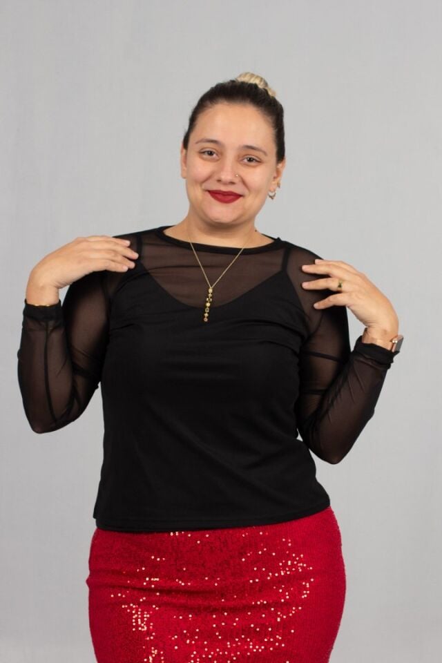 Siyah Büyük Beden Tül Bluz ve Askılı Atlet İkili Takım - Zamansız Şıklık