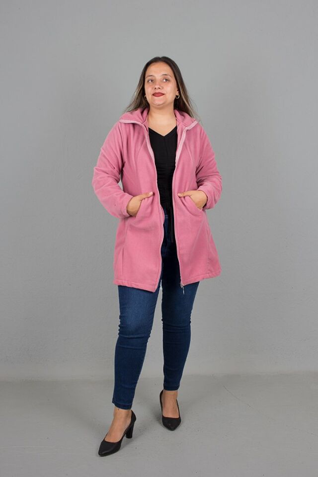 Büyük Beden Gömlrk Yaka Polar Mont Pembe Pembe - XL