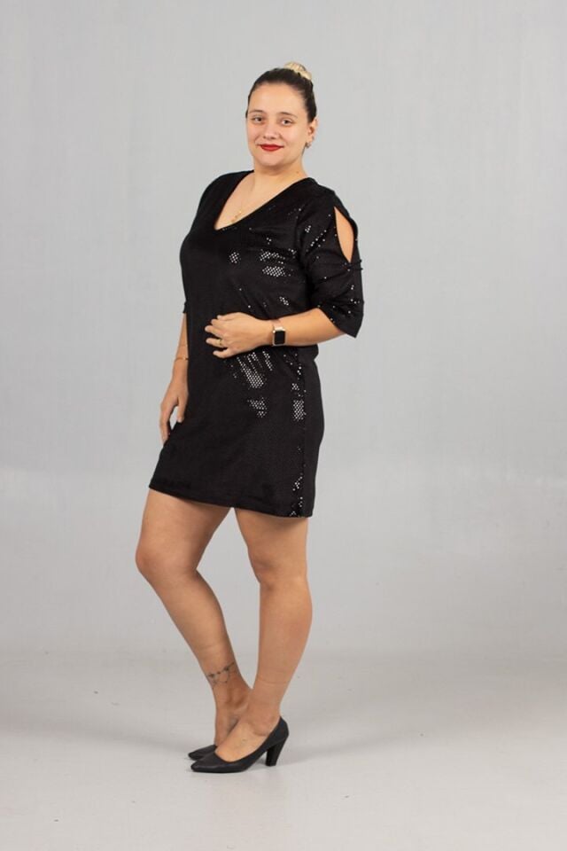 Lüks Kadife Balık Pulu Desenli Büyük Beden Siyah Elbise