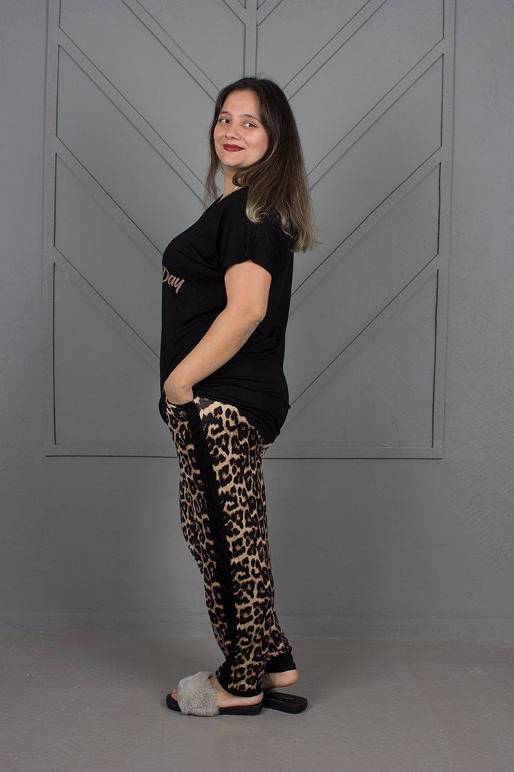 Büyük Beden Alt Leopar Paçası Lastikli Pijama Takım