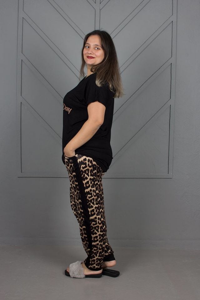 Büyük Beden Alt Leopar Paçası Lastikli Pijama Takım