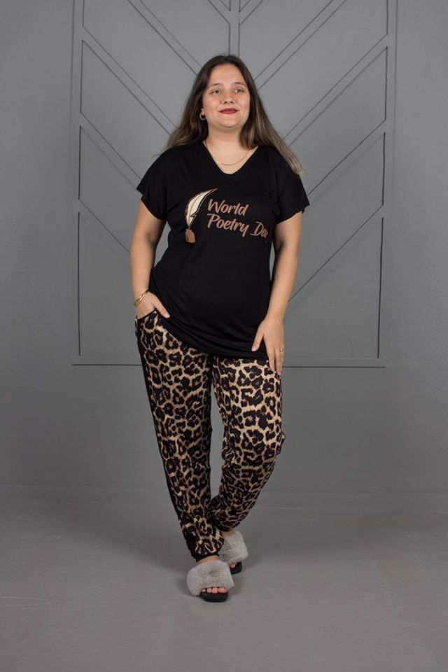 Büyük Beden Alt Leopar Paçası Lastikli Pijama Takım