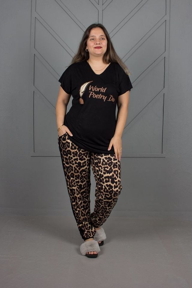 Büyük Beden Alt Leopar Paçası Lastikli Pijama Takım