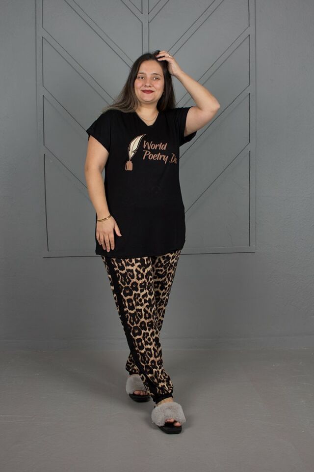 Büyük Beden Alt Leopar Paçası Lastikli Pijama Takım