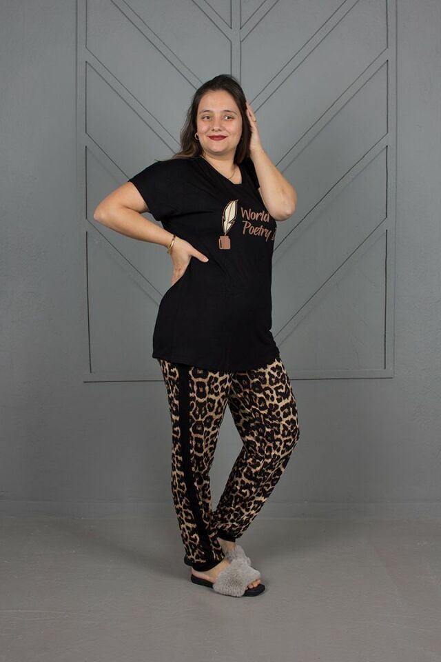 Büyük Beden Alt Leopar Paçası Lastikli Pijama Takım