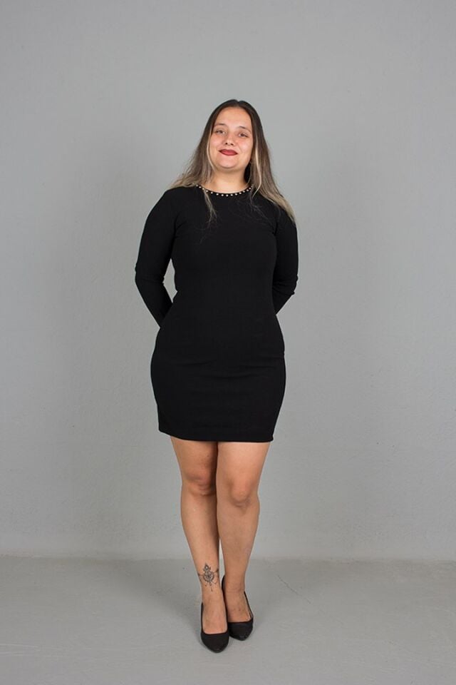 Büyük Beden Yaka Ve Kol İnci Detaylı Siyah