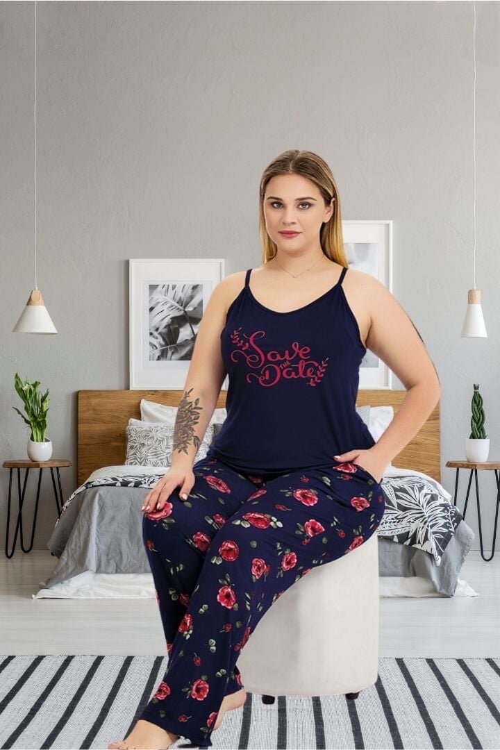 Büyük Beden Ayarlanabilir Askılı Çiçek Desenli Likralı Yumuşak Pijama Takımı