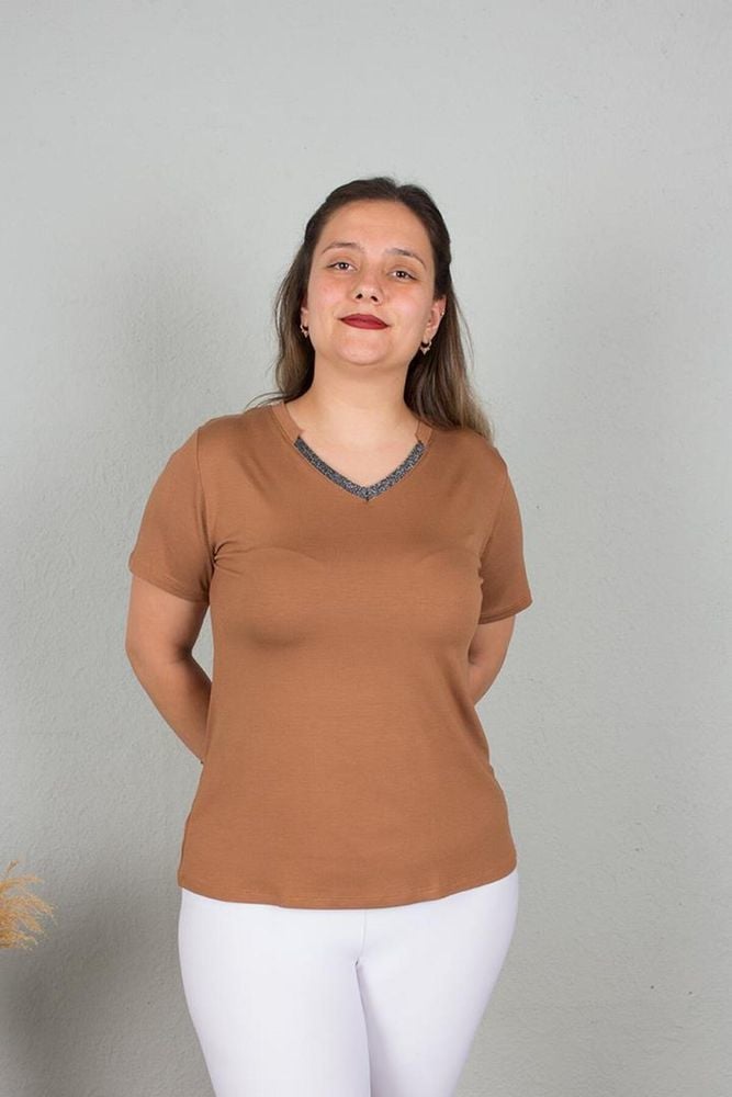 Büyük Beden Yakası Simli Bady Tİşört Renkli B111