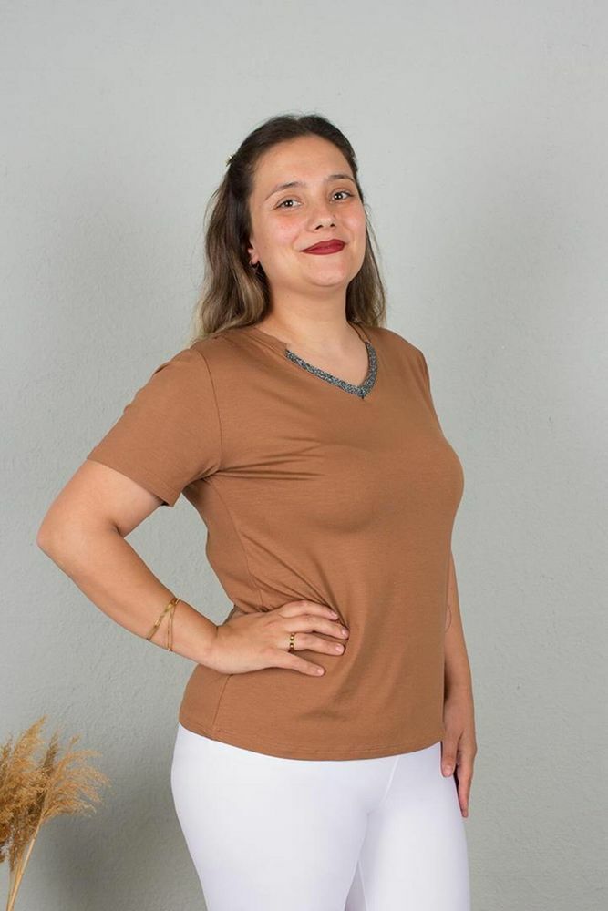 Büyük Beden Yakası Simli Bady Tİşört Renkli B111