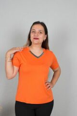 Büyük Beden Yakası Simli Bady Tİşört Renkli B111