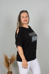 Büyük Beden Omuz Fermuarlı Taş İşlemeli Bluz Renkli B110