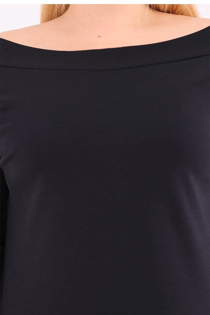 Büyük Beden Siyah Carmen Yaka Krep Elbise