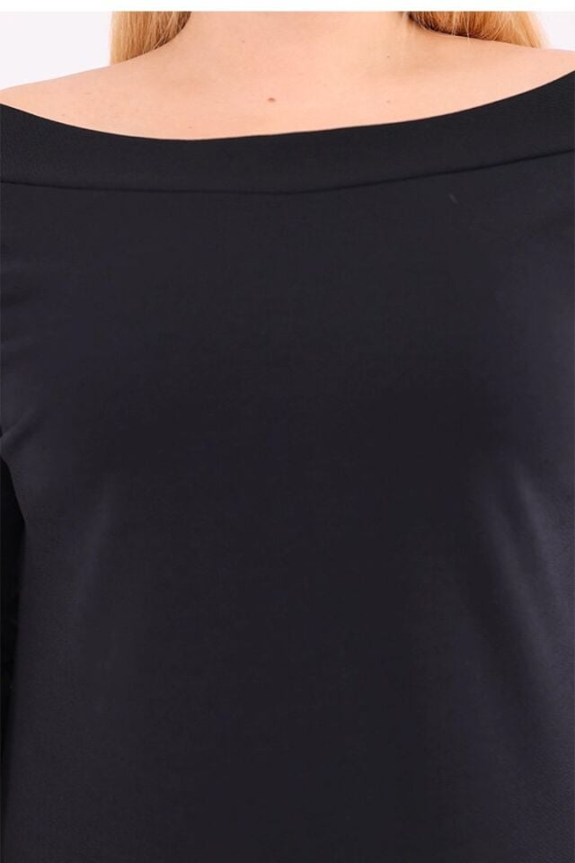 Büyük Beden Siyah Carmen Yaka Krep Elbise