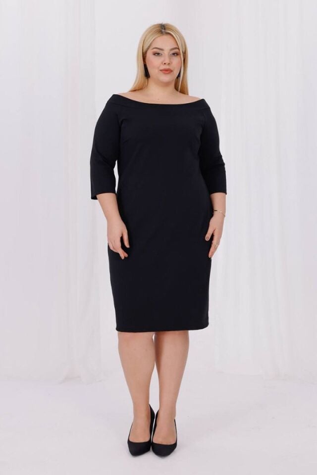 Büyük Beden Siyah Carmen Yaka Krep Elbise