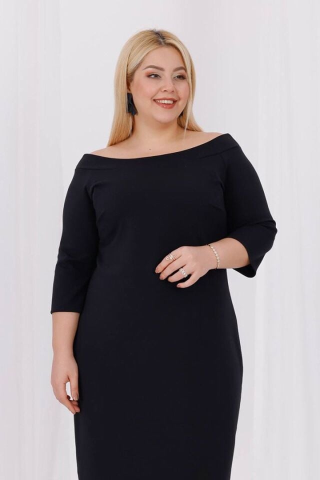Büyük Beden Siyah Carmen Yaka Krep Elbise